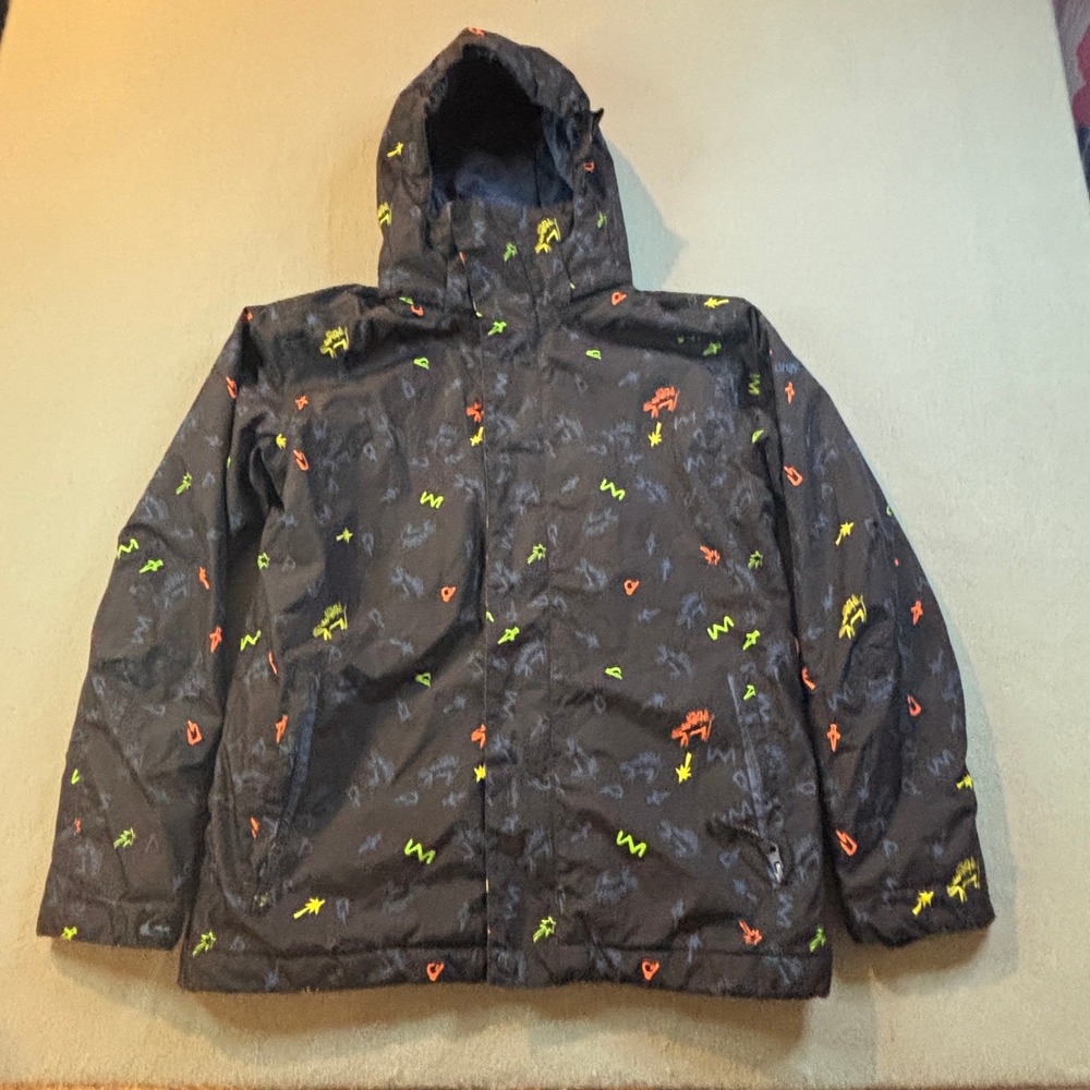 Quiksilver Snow Jacket Youth L Black Neon Print Hooded Insulated 14-16